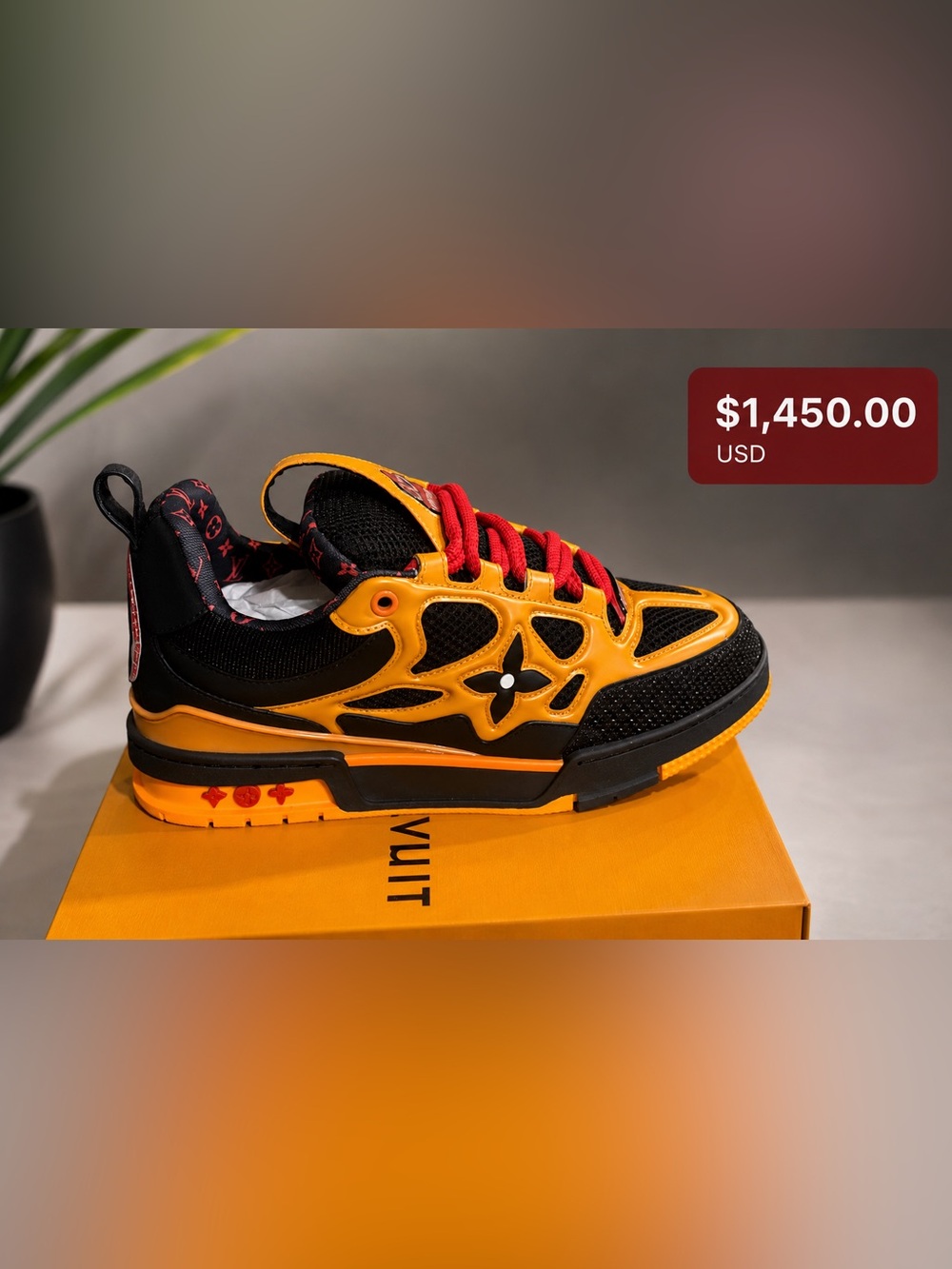 Louis Vuitton Black & Orange Trainer Sneaker with Red Laces